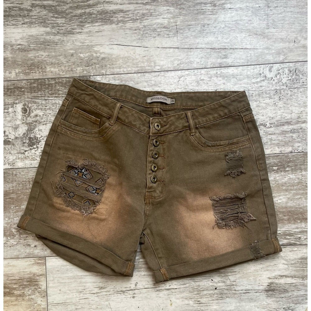 Misslook Distressed Denim Shorts Olive Brown Button Fly Boho Womens 2XL‎